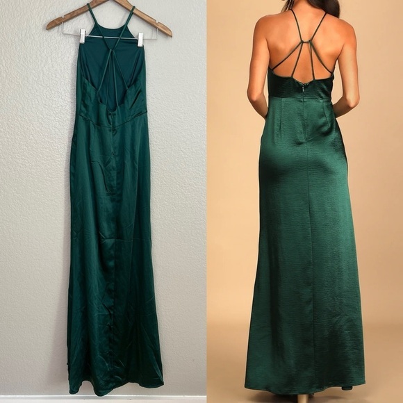 NWOT Make it Elegant Emerald Green Satin Strappy Maxi Dress - Picture 3 of 9